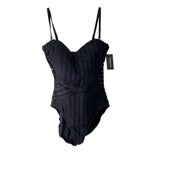 Kenneth Cole Crochet Look Bandeau Black One Piece Strapless Swimsuit NWTs Large - Picture 5 of 12